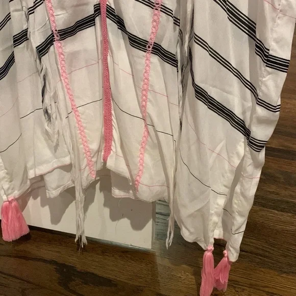 Women’s Chach Beach V-Neck Cover Up With Pink Tassels and White Fringe Size S - Picture 7 of 8